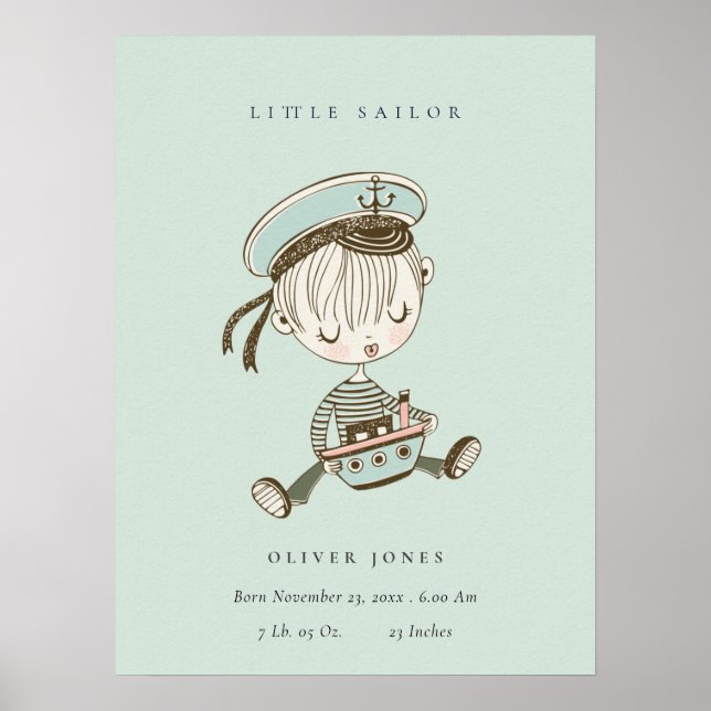 Aqua Blue Boys Little Sailor Nautical Birth Stat Poster (Front)