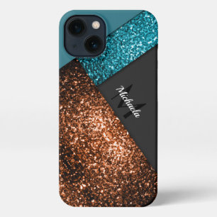 Aqua blue bronze sparkles colour block Monogram iPhone 13 Case