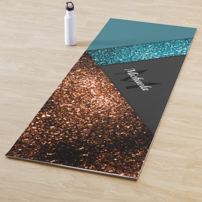 Aqua blue bronze sparkles colour block Monogram Yoga Mat (In Situ)