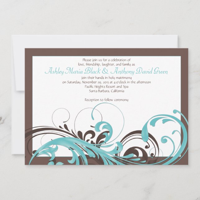 Aqua Blue, Brown Floral Wedding Invitation (Front)