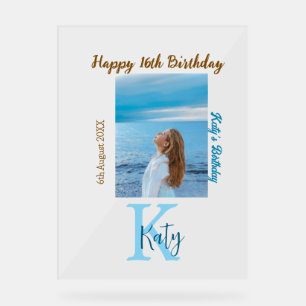 Aqua blue brown happy 16th birthday photo name acrylic sign