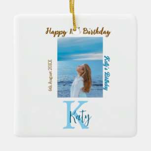 Aqua blue brown happy 16th birthday photo name ceramic ornament