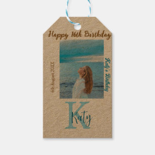 Aqua blue brown happy 16th birthday photo name  gift tags