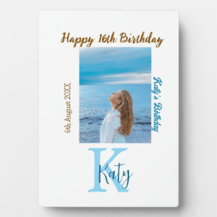 Aqua blue brown happy 16th birthday photo name  plaque