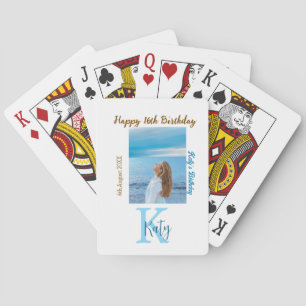 Aqua blue brown happy 16th birthday photo name  playing cards