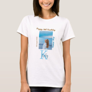 Aqua blue brown happy 16th birthday photo name T-Shirt
