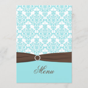 Aqua Blue, Brown, White Damask Menu Card