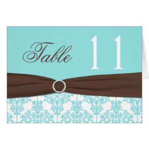 Aqua Blue, Brown, White Damask Table Number Card