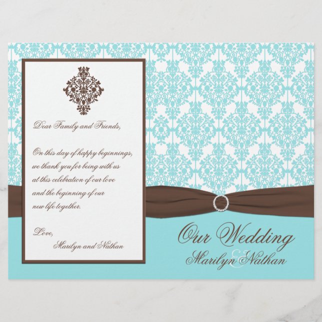 Aqua Blue, Brown, White Damask Wedding Program (Front)