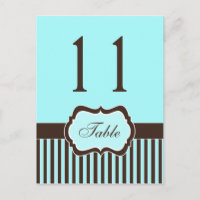 Aqua Blue, Brown, White Stripe Damask Table Number