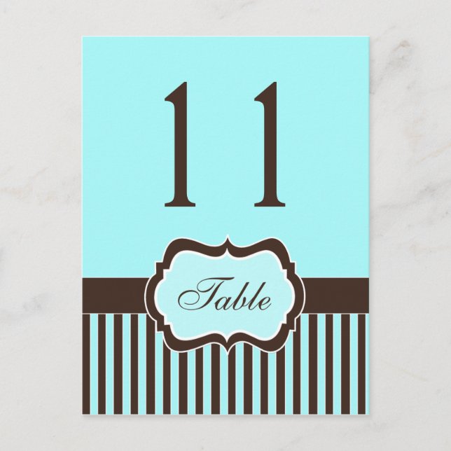Aqua Blue, Brown, White Stripe Damask Table Number Postcard (Front)