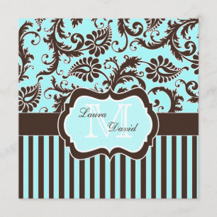 Aqua Blue Brown White Striped Damask Invitation