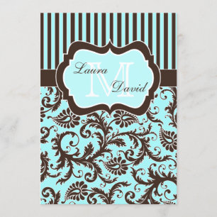 Aqua Blue Brown White Striped Damask Invitation II