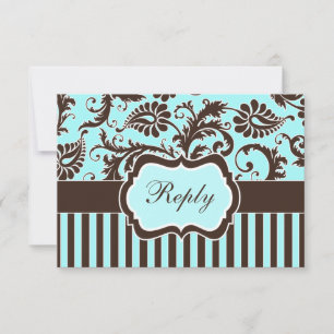 Aqua Blue, Brown, White Striped Damask Reply Card