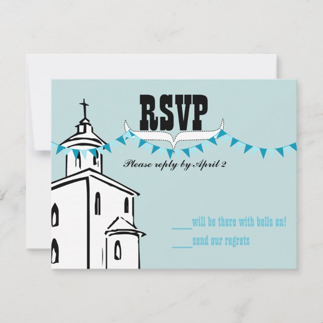 Aqua Blue Bunting We're going to the Chapel RSVP Card (Front)