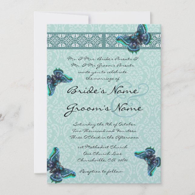 Aqua Blue Butterflies Damask Wedding Invitation (Front)