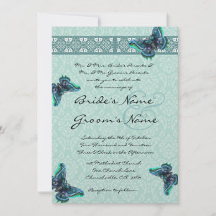Aqua Blue Butterflies Damask Wedding Invitation
