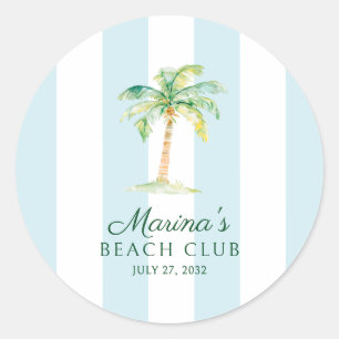 Aqua Blue Cabana Stripes Palm Beach Club Favour Classic Round Sticker