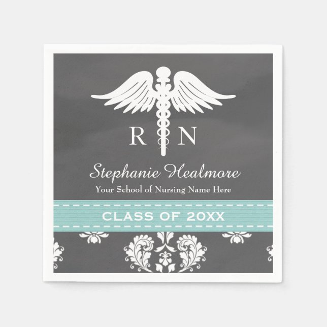 Aqua Blue Chalkboard Caduceus Nurse Graduation Napkin (Front)