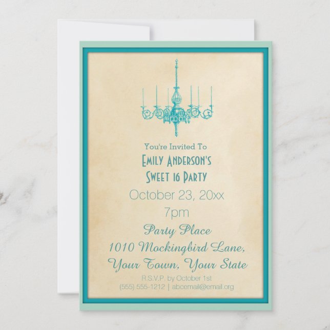 Aqua Blue Chandelier Sweet 16 Invitation (Front)
