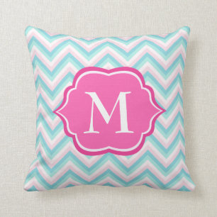 Aqua Blue Chevron Pink White Monogram Design Cushion