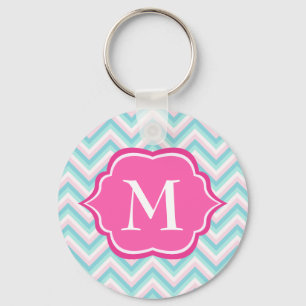 Aqua Blue Chevron Pink White Monogram Design Key Ring