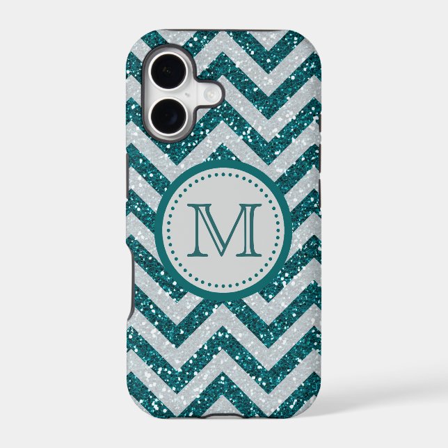 Aqua Blue Chevron Silver Glitter Monogram (Back)