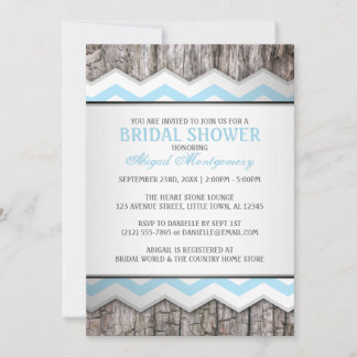 Aqua Blue Chevron & Wood Rustic Bridal Shower Invitation