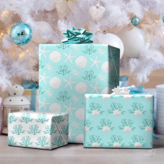 Aqua Blue Christmas Beach Starfish Sand Dollar  Wrapping Paper Sheet (Creator Uploaded)