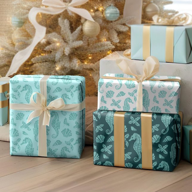 Aqua Blue Christmas Coastal Glitter Seahorses  Wrapping Paper Sheet (Creator Uploaded)