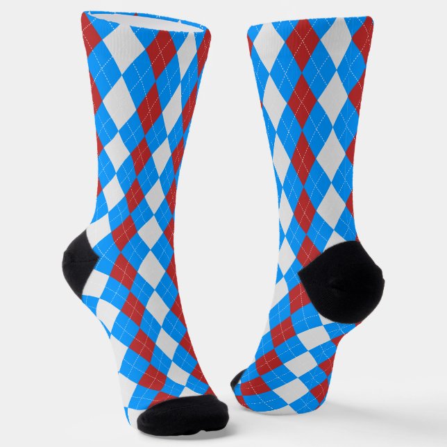 AQUA BLUE & CHRISTMAS RED Argyle Pattern Socks (Angled)