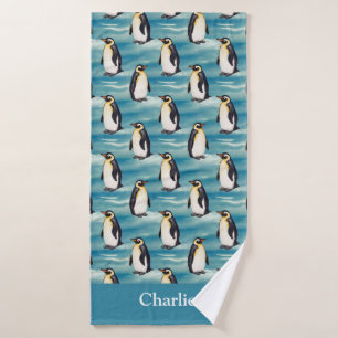 Aqua Blue Coastal Arctic Animal Penguin Bath Towel