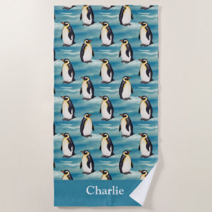 Aqua Blue Coastal Arctic Animal Penguin  Beach Towel