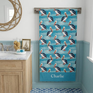 Aqua Blue Coastal Pelican Bath Towel