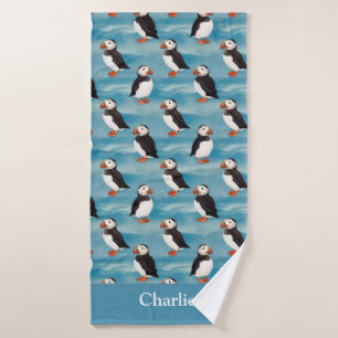 Aqua Blue Coastal Puffin Bird Bath Towel