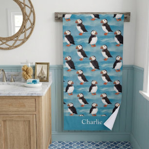 Aqua Blue Coastal Puffin Bird Bath Towel