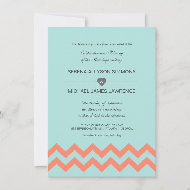 Aqua Blue & Coral Chevron Wedding Invitations (Front)