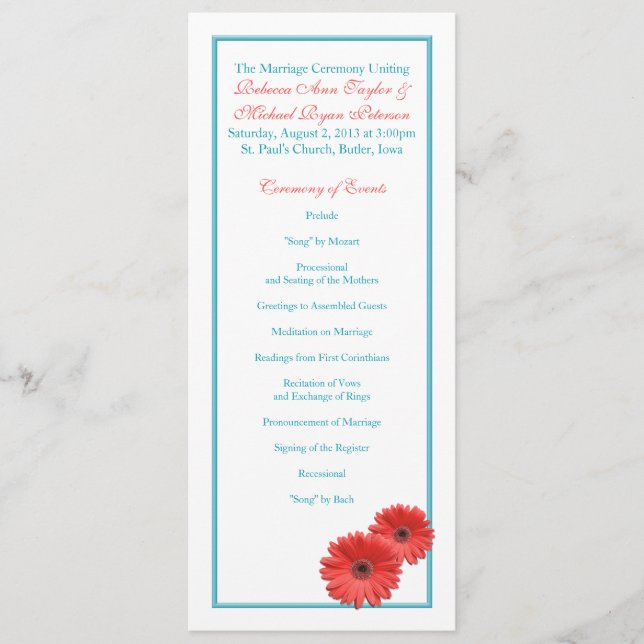 Aqua Blue Coral Gerbera Daisy Wedding Program Programme (Front)