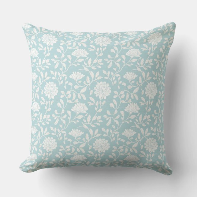 Aqua Blue Country Floral Throw Pillow (Front)
