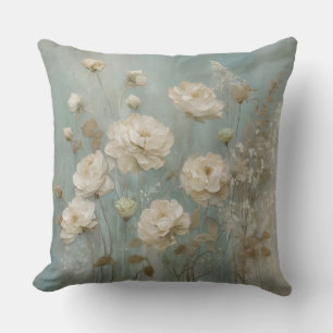 Aqua Blue Cream Beige Teal Floral Cushion