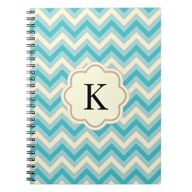 Aqua Blue Cream Chevron Zigzag Stripes Spiral Notebook (Front)