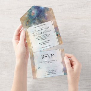 Aqua Blue Cream Peacock Feathers All In One Invitation