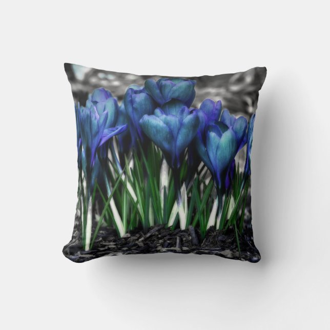 Aqua Blue Crocus Blooms Cushion (Front)