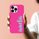 Aqua blue custom name script bold hot pink Case-Mate iPhone 14 pro max case<br><div class="desc">Pink phone cover featuring your name in an aqua blue script font on a hot pink background. Bold and colourful design.</div>