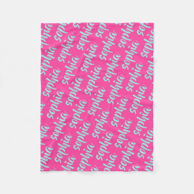 Aqua blue custom name script bold hot pink fleece blanket (Front)