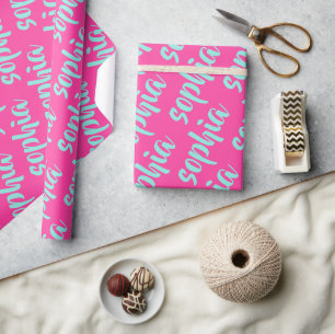 Aqua blue custom name script bold hot pink wrapping paper