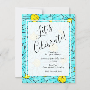 Aqua Blue Daisy Watercolor Abastract Pattern  Invitation