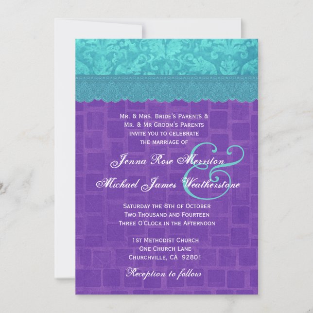 Aqua Blue Damask and Purple Wedding A004 Invitation (Front)