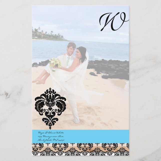 Aqua Blue Damask Monogram Wedding Stationery (Front)