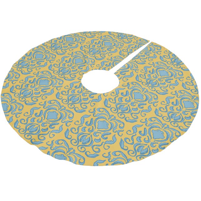 Aqua Blue Damask Old World Cream Yellow  Brushed Polyester Tree Skirt (Angled)